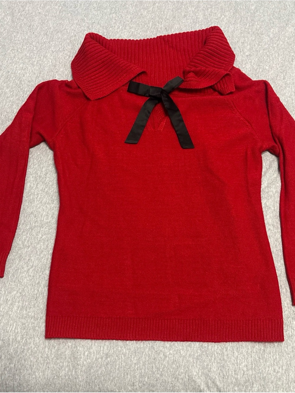 Soho Red Off-Shoulder Sweater with Black Ribbon